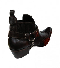 Black Leather Western Cowboy Boots With Side Metal Chain and Metal Strip at Front Sharp Curve-ForMen