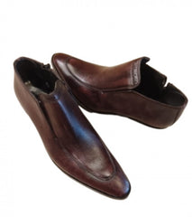 Brown-black pure leather shoe with side metal zip - for men