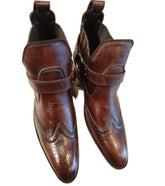 Brown pure leather cowboy shoe with side metal chain and front sharp curve-For Men