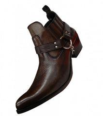 Dark Brown Leather Western Cowboy Boots With Metal Chain For Men - 7 To 12