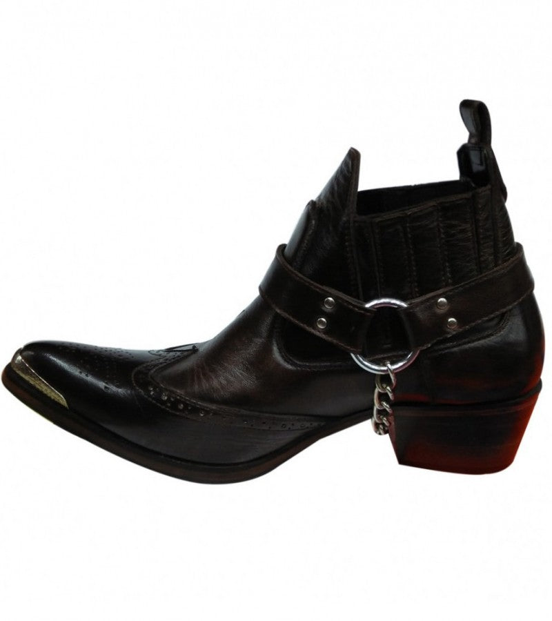 Black Leather Western Cowboy Boots With Side Metal Chain and Metal Strip at Front Sharp Curve-ForMen