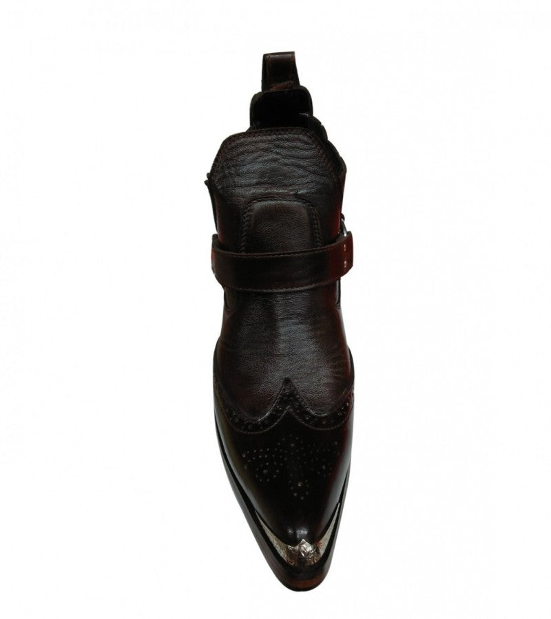 Black Leather Western Cowboy Boots With Side Metal Chain and Metal Strip at Front Sharp Curve-ForMen