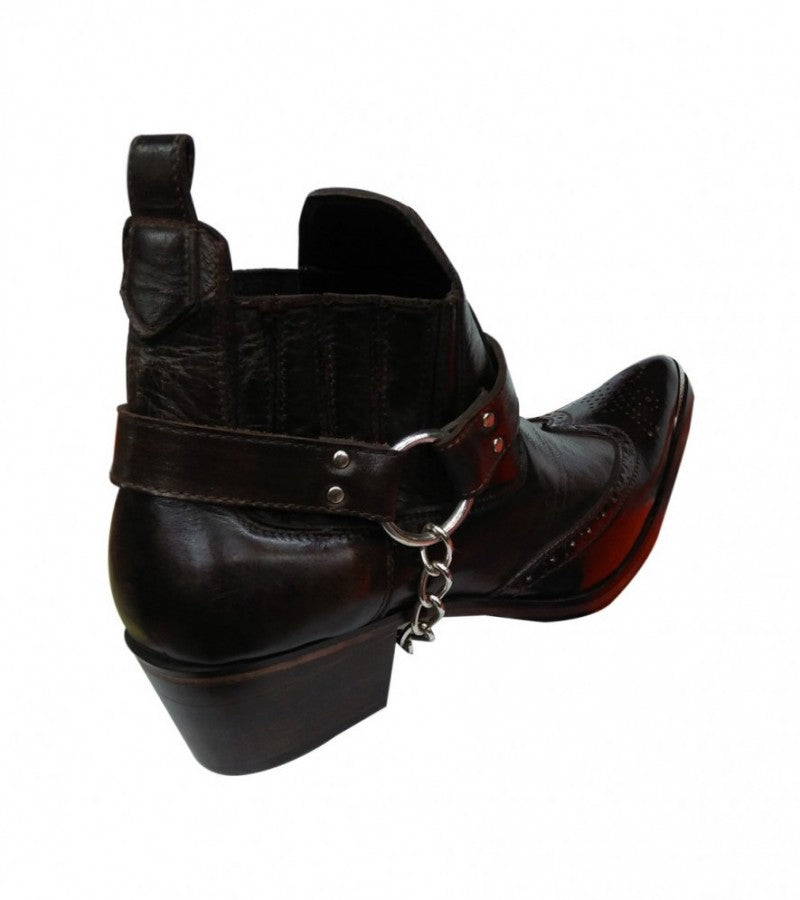 Black Leather Western Cowboy Boots With Side Metal Chain and Metal Strip at Front Sharp Curve-ForMen