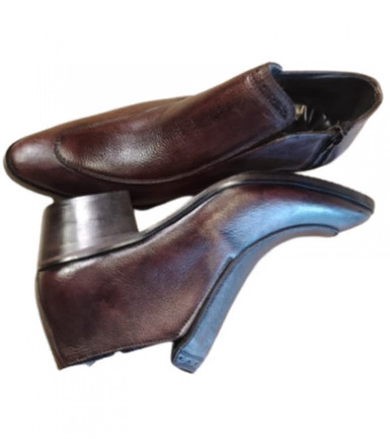 Brown-black pure leather shoe with side metal zip - for men