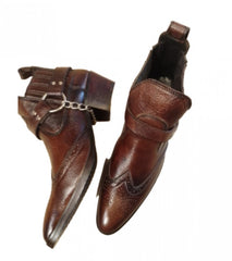 Brown pure leather cowboy shoe with side metal chain and front sharp curve-For Men