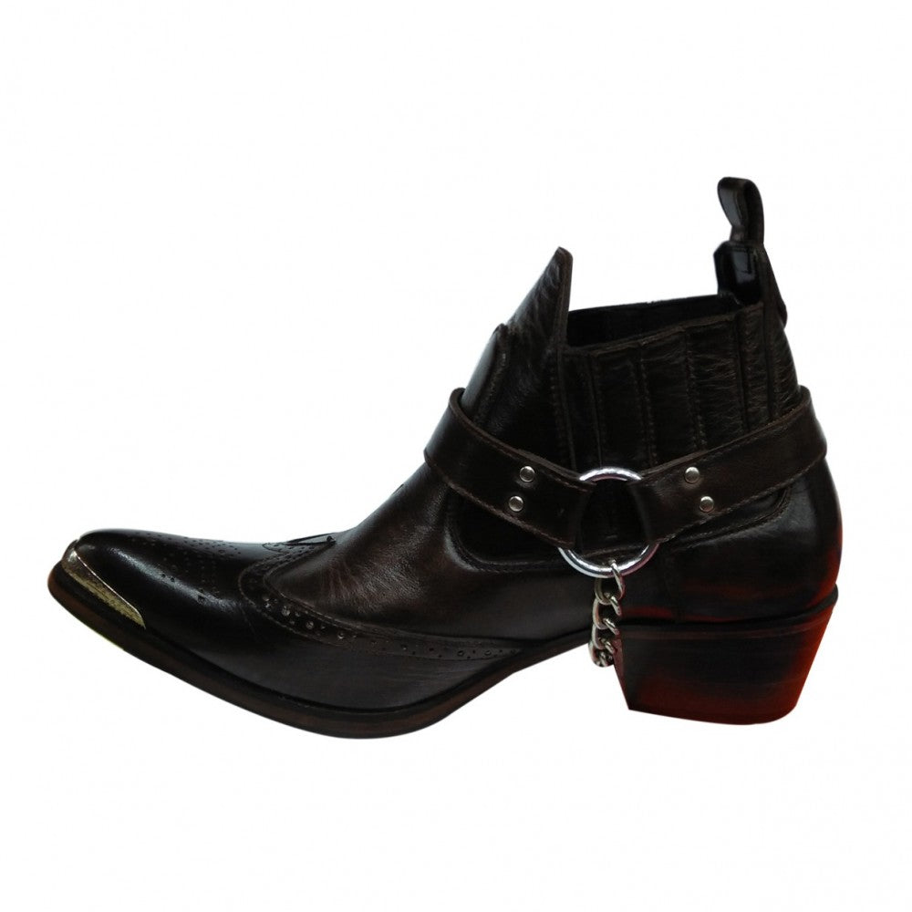 Black Leather Western Cowboy Boots With Side Metal Chain and Metal Strip at Front Sharp Curve-ForMen