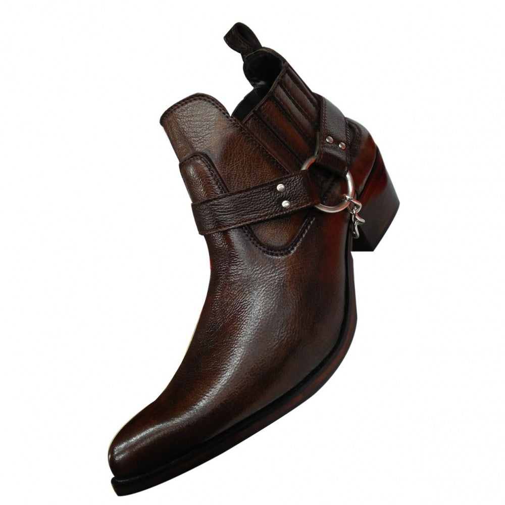 Dark Brown Leather Western Cowboy Boots With side Metal Chain and front sharp curve - For Men