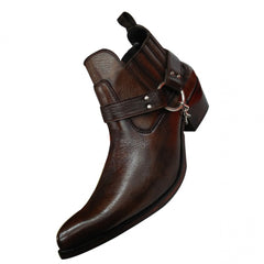 Dark Brown Leather Western Cowboy Boots With side Metal Chain and front sharp curve - For Men