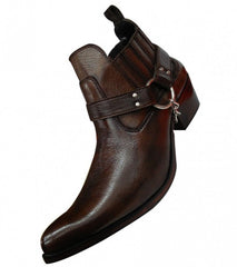 Dark Brown Leather Western Cowboy Boots With side Metal Chain and front sharp curve - For Men