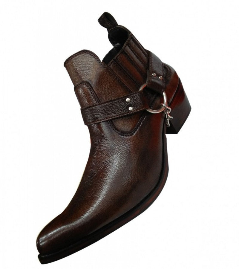 Dark Brown Leather Western Cowboy Boots With Metal Chain For Men - 7 To 12